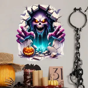 Detailed view of a 3D Halloween ghost wall sticker with pumpkin and broken wall effect