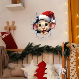 Adesivo murale topo di Natale con effetto 3D muro rotto per cameretta