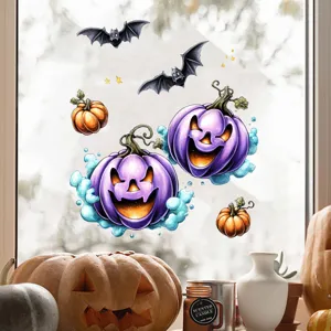 Autocollants de fenêtre citrouille d'Halloween violets et chauves-souris pour vitre
