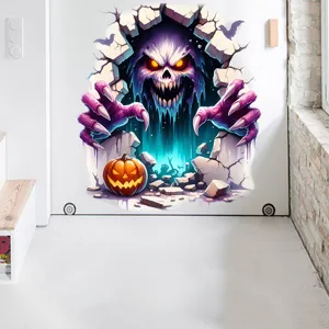Detail view of scary purple 3D ghoul breaking through wall Halloween wall sticker decal
