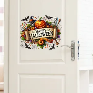 Festive Halloween wall sticker featuring pumpkin and skeleton skull design on a white door