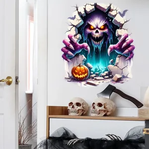 Close-up of 3D Halloween wall decal featuring a scary ghost breaking through a wall