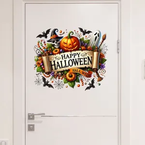 Vibrant Halloween wall sticker featuring pumpkin and skull design on a modern white door