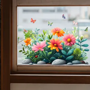 Detailansicht farbenfroher statischer Fensteraufkleber mit Blumen und Schmetterlingen
