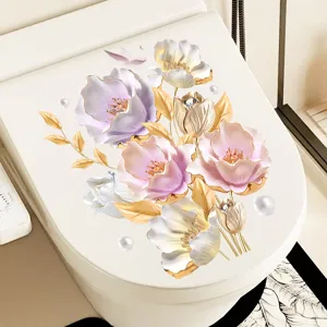 3D floral sticker showing elegant purple and pink flower decals on a white toilet lid.