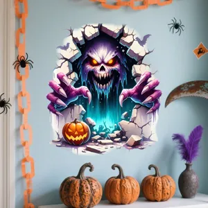 3D Halloween ghost wall sticker showing broken wall effect with pumpkin decor