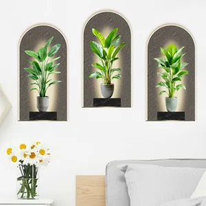 Detailed view of 3D arched green plant wall stickers for modern bedroom interior decor