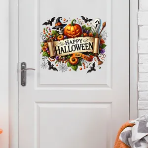 Detailed view of a Halloween wall sticker with pumpkin and skull design on a white door
