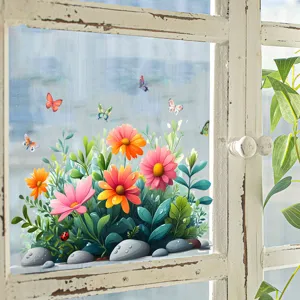 Bunte Blumen- und Schmetterling-Fensteraufkleber, statisch haftend für schönes Glasdekor