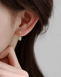 Detailed macro view of new Chinese style earrings with cluster of light green jade beads.