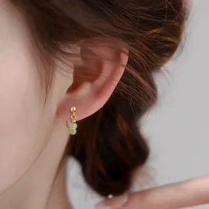 New Chinese Style Copper Artificial Nephrite Jade Stud Earrings Minimalist Women Gold Silver Plated Ear Clips Jewelry Gift