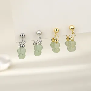 Elegant New Chinese style stud earrings with round green jade beads in gold and silver