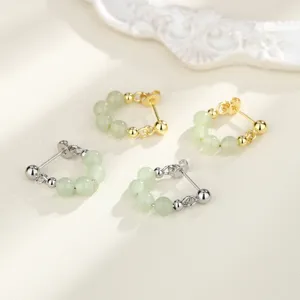 New Chinese style C-shaped stud earrings with light green jade beads in gold and silver finish