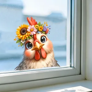 Close-up of cute cartoon chicken window decal with flowers on a glass surface