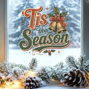 Detailed view of vintage Christmas window sticker with 'Tis the Season' text and holly bells