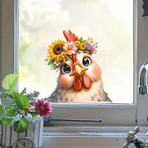 Cute cartoon chicken window sticker with colorful floral crown detail on glass pane