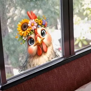 Close-up of a cute cartoon chicken window sticker wearing a vibrant sunflower floral crown