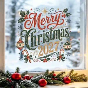 Close-up of Merry Christmas 2027 static window sticker with festive holiday motifs