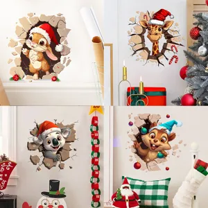 3D Broken Wall Christmas Animal Wall Sticker PVC Self-adhesive Rabbit Giraffe Squirrel Koala Decal Holiday Home Decor