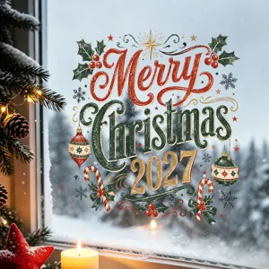 Detail view of festive Merry Christmas 2027 static cling window sticker on glass
