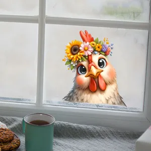 Close-up of a cute chicken flower crown window sticker displayed on a window pane
