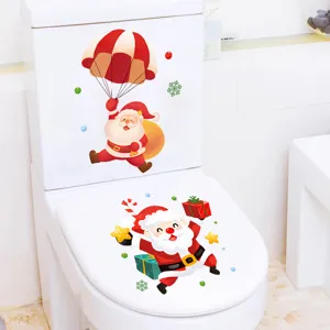 Christmas Toilet Lid Sticker Waterproof PVC Santa Claus Snowman Reindeer Pattern Bathroom Decal Festival Renovation Wall Decoration