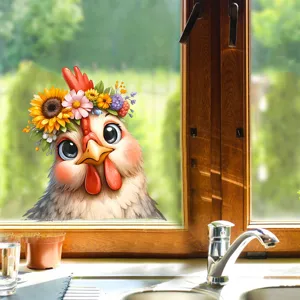 Detailed shot of a cute cartoon chicken window sticker featuring a flower crown.