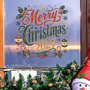 Detail view of Merry Christmas 2027 window sticker with holly and festive ornaments