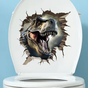 Close-up of a realistic 3D T-Rex dinosaur wall decal applied on a white toilet lid