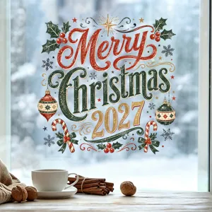 Detailed close-up of Merry Christmas 2027 static window sticker with festive ornaments.