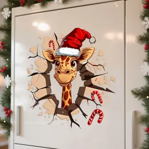 3D breaking wall Christmas giraffe decal with Santa hat and candy canes decoration