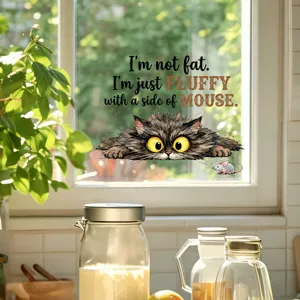 Detailed macro view of fluffy cat window sticker with humorous mouse quote decal