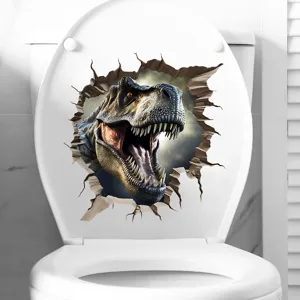 Detailed 3D dinosaur wall sticker applied on a white toilet lid for bathroom decor.