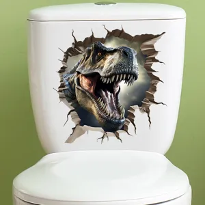Realistic 3D T-Rex dinosaur wall-breaking effect sticker applied on a white toilet