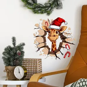 Close-up of a 3D Christmas giraffe wall sticker applied to a living room wall