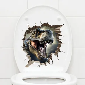 3D visual breaking wall dinosaur toilet sticker, waterproof T-Rex bathroom decal decor