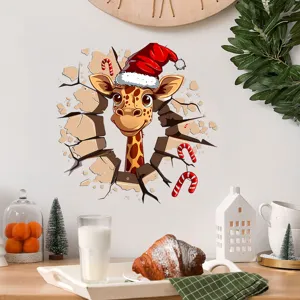 Christmas wall sticker with giraffe breaking through wall in a festive room setting