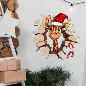 3D Christmas giraffe wall break decal sticker for festive holiday home interior decoration