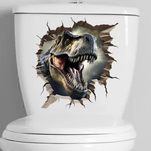 Realistic 3D T-Rex wall sticker breaking through a white toilet tank.