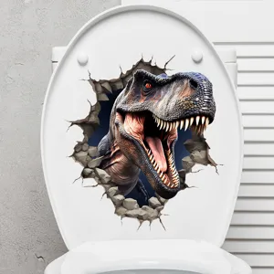 Detailed view of realistic 3D dinosaur breaking wall sticker applied on white toilet lid