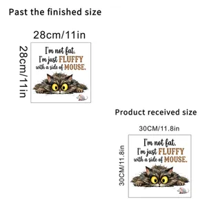 Size guide for funny fluffy cat wall decal showing received and finished dimensions