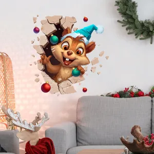 3D Christmas squirrel breaking through wall sticker with Santa hat for holiday decor