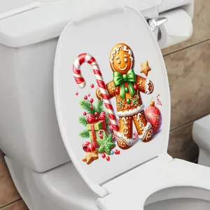 Vue détaillée d'un autocollant de Noël bonhomme de pain d'épice sur un WC blanc