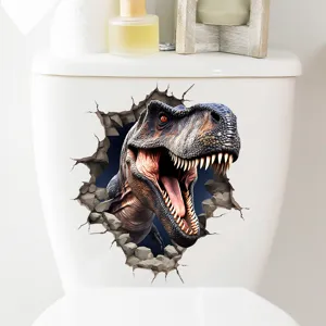 Realistic 3D T-Rex dinosaur breaking through wall sticker for creative toilet decoration