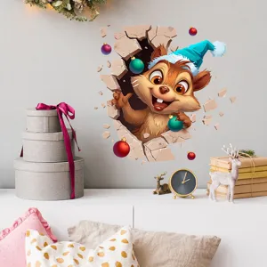 3D Christmas squirrel wall sticker with realistic wall-break effect for home decor