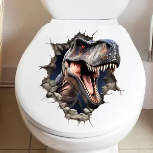 Realistic 3D dinosaur toilet lid sticker featuring a fierce T-Rex breaking through a wall crack