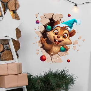 Detailed 3D Christmas wall sticker featuring a cute cartoon squirrel with a Santa hat