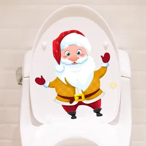 Detailed view of a waterproof Santa Claus decal applied to a white bathroom toilet lid