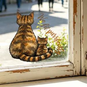 Detailed view of watercolor cat window stickers on glass with We fit purrfectly text