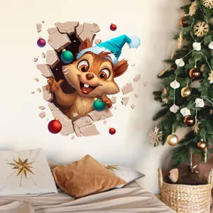 Detail view of 3D Christmas wall sticker featuring a cute squirrel breaking through a wall